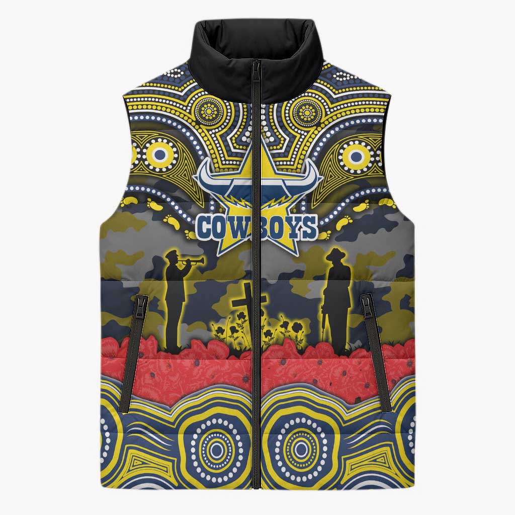 ANZAC Day North Queensland Cowboys Sleeveless Puffer Jacket Military Memorial Aboriginal Indigenous Art