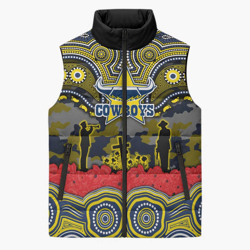 ANZAC Day North Queensland Cowboys Sleeveless Puffer Jacket Military Memorial Aboriginal Indigenous Art