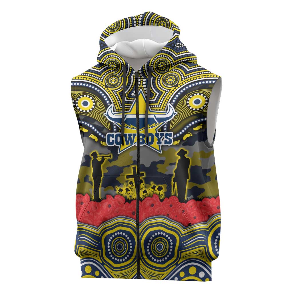 ANZAC Day North Queensland Cowboys Sleeveless Zip Hoodie Military Memorial Aboriginal Indigenous Art
