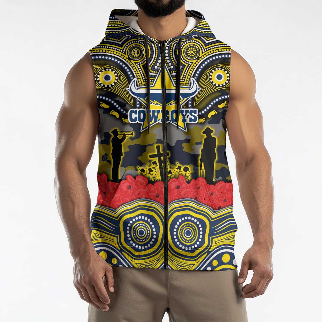 ANZAC Day North Queensland Cowboys Sleeveless Zip Hoodie Military Memorial Aboriginal Indigenous Art