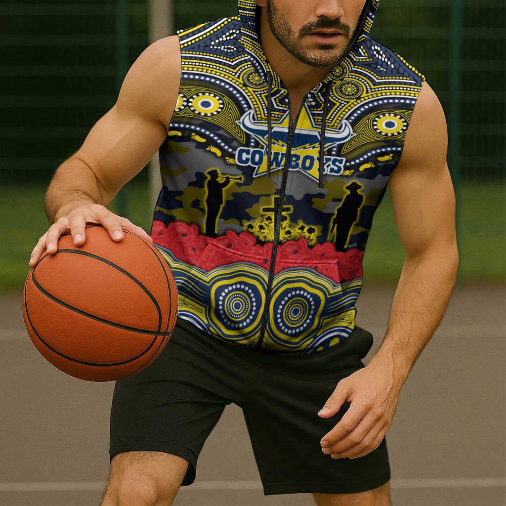 ANZAC Day North Queensland Cowboys Sleeveless Zip Hoodie Military Memorial Aboriginal Indigenous Art