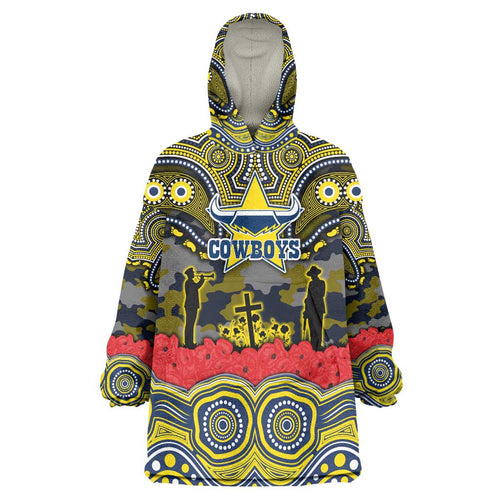ANZAC Day North Queensland Cowboys Wearable Blanket Hoodie Military Memorial Aboriginal Indigenous Art