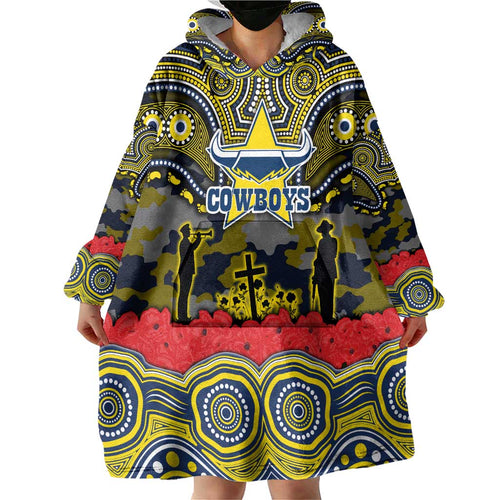 ANZAC Day North Queensland Cowboys Wearable Blanket Hoodie Military Memorial Aboriginal Indigenous Art