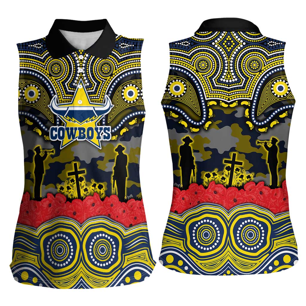 ANZAC Day North Queensland Cowboys Women Sleeveless Polo Shirt Military Memorial Aboriginal Indigenous Art