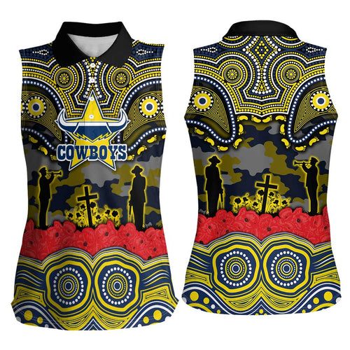 ANZAC Day North Queensland Cowboys Women Sleeveless Polo Shirt Military Memorial Aboriginal Indigenous Art