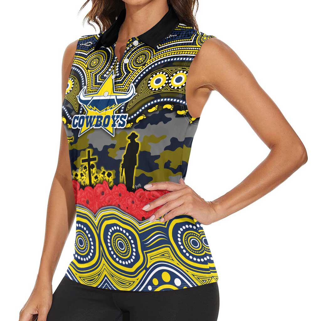 ANZAC Day North Queensland Cowboys Women Sleeveless Polo Shirt Military Memorial Aboriginal Indigenous Art
