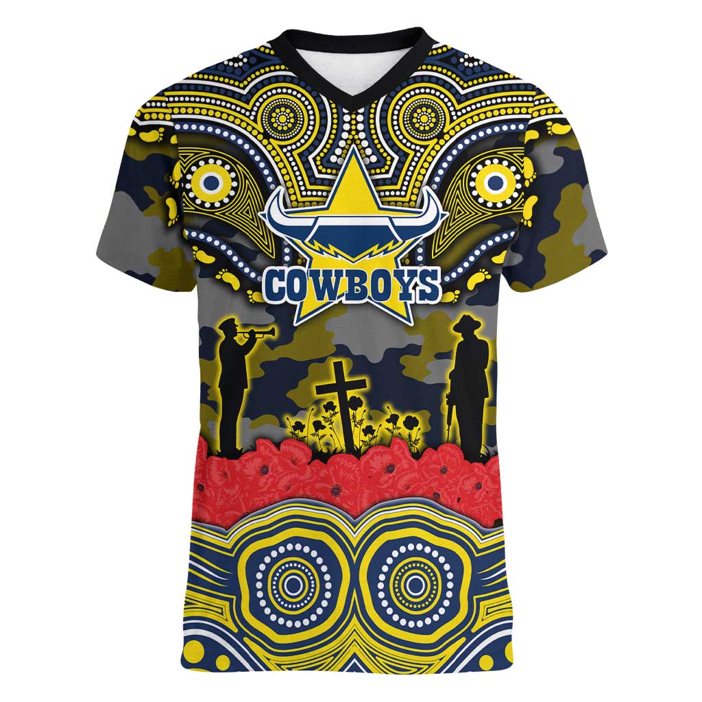 ANZAC Day North Queensland Cowboys Women V-Neck T-Shirt Military Memorial Aboriginal Indigenous Art