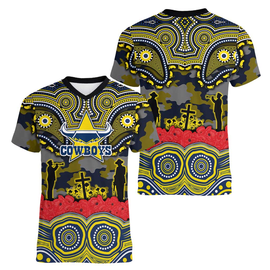 ANZAC Day North Queensland Cowboys Women V-Neck T-Shirt Military Memorial Aboriginal Indigenous Art