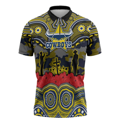 ANZAC Day North Queensland Cowboys Zipper Polo Shirt Military Memorial Aboriginal Indigenous Art