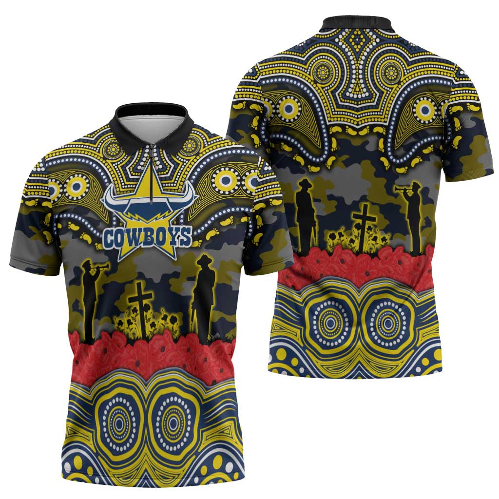 ANZAC Day North Queensland Cowboys Zipper Polo Shirt Military Memorial Aboriginal Indigenous Art