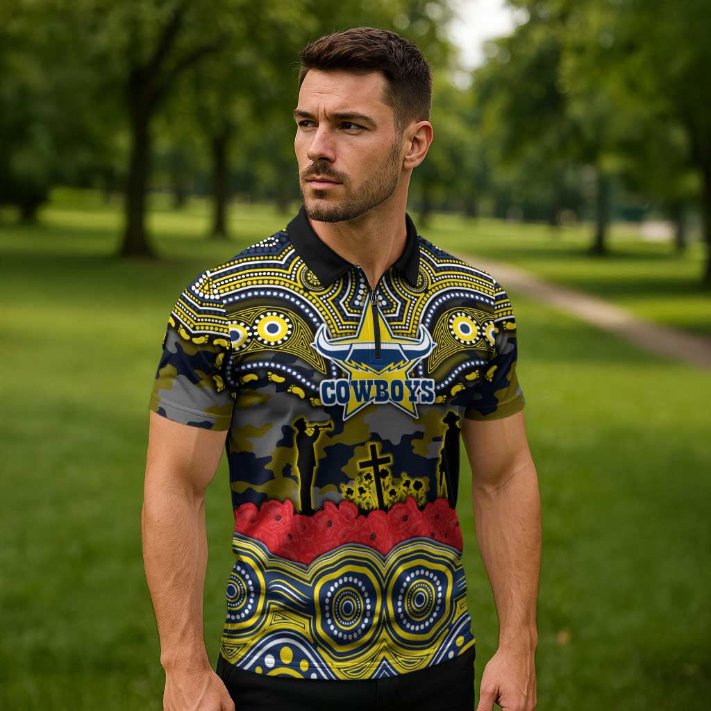ANZAC Day North Queensland Cowboys Zipper Polo Shirt Military Memorial Aboriginal Indigenous Art