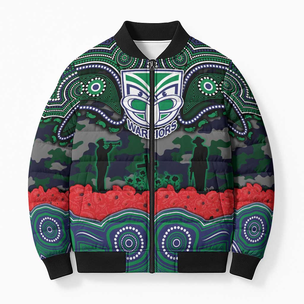 ANZAC Day New Zealand Warriors Bomber Puffer Jacket Military Memorial Aboriginal Indigenous Art