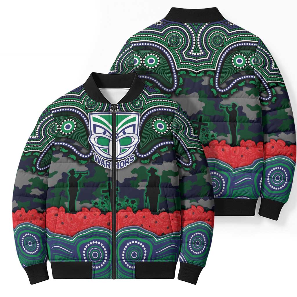 ANZAC Day New Zealand Warriors Bomber Puffer Jacket Military Memorial Aboriginal Indigenous Art