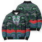 ANZAC Day New Zealand Warriors Bomber Puffer Jacket Military Memorial Aboriginal Indigenous Art