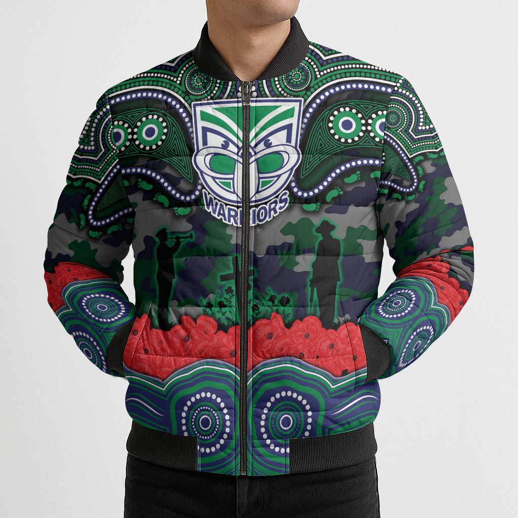 ANZAC Day New Zealand Warriors Bomber Puffer Jacket Military Memorial Aboriginal Indigenous Art