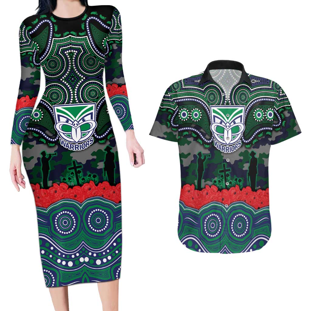 ANZAC Day New Zealand Warriors Couples Matching Long Sleeve Bodycon Dress and Hawaiian Shirt Military Memorial Aboriginal Indigenous Art
