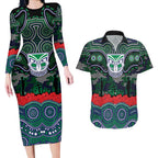 ANZAC Day New Zealand Warriors Couples Matching Long Sleeve Bodycon Dress and Hawaiian Shirt Military Memorial Aboriginal Indigenous Art