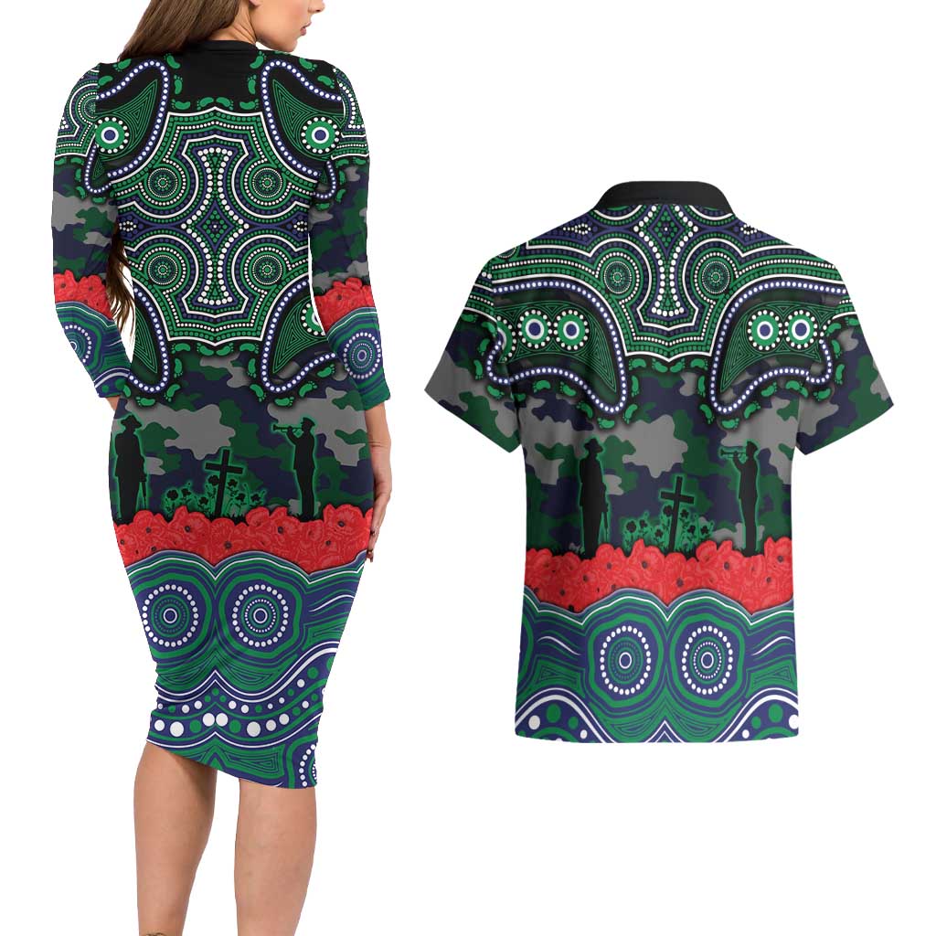 ANZAC Day New Zealand Warriors Couples Matching Long Sleeve Bodycon Dress and Hawaiian Shirt Military Memorial Aboriginal Indigenous Art