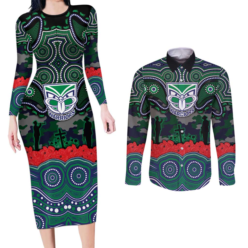 ANZAC Day New Zealand Warriors Couples Matching Long Sleeve Bodycon Dress and Long Sleeve Button Shirt Military Memorial Aboriginal Indigenous Art