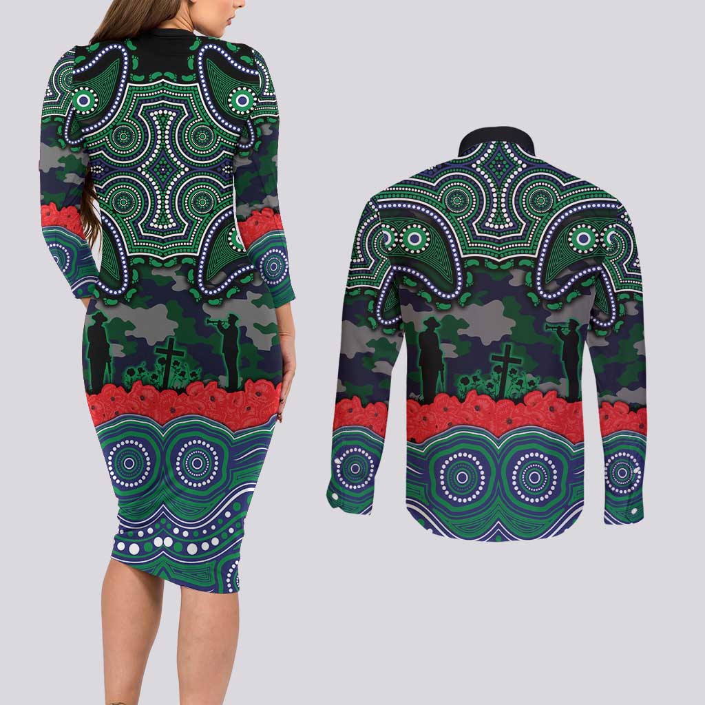 ANZAC Day New Zealand Warriors Couples Matching Long Sleeve Bodycon Dress and Long Sleeve Button Shirt Military Memorial Aboriginal Indigenous Art