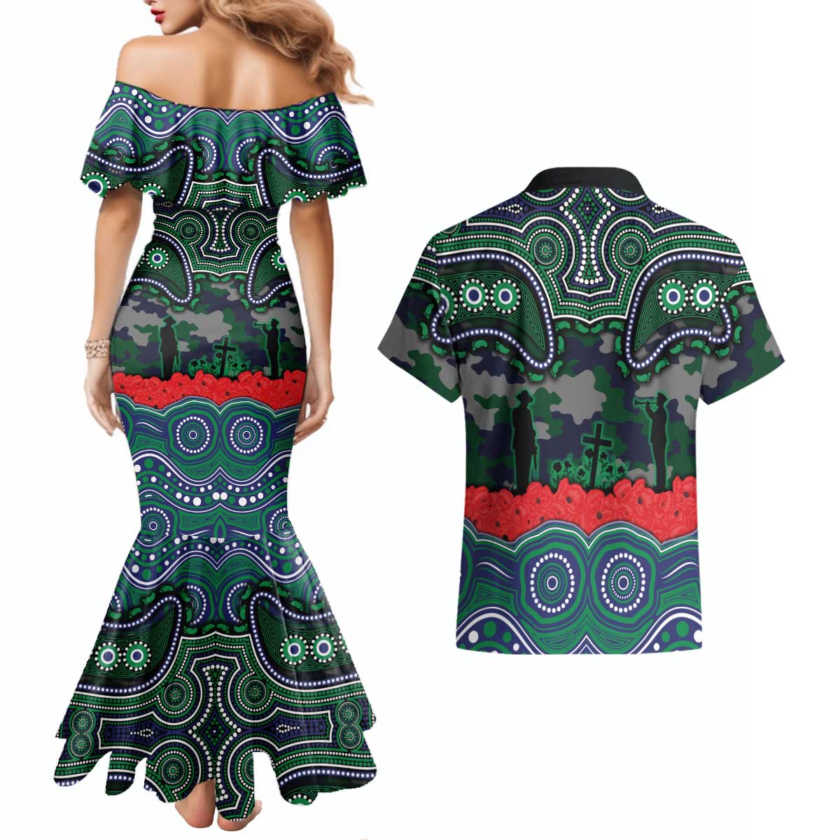 ANZAC Day New Zealand Warriors Couples Matching Mermaid Dress and Hawaiian Shirt Military Memorial Aboriginal Indigenous Art