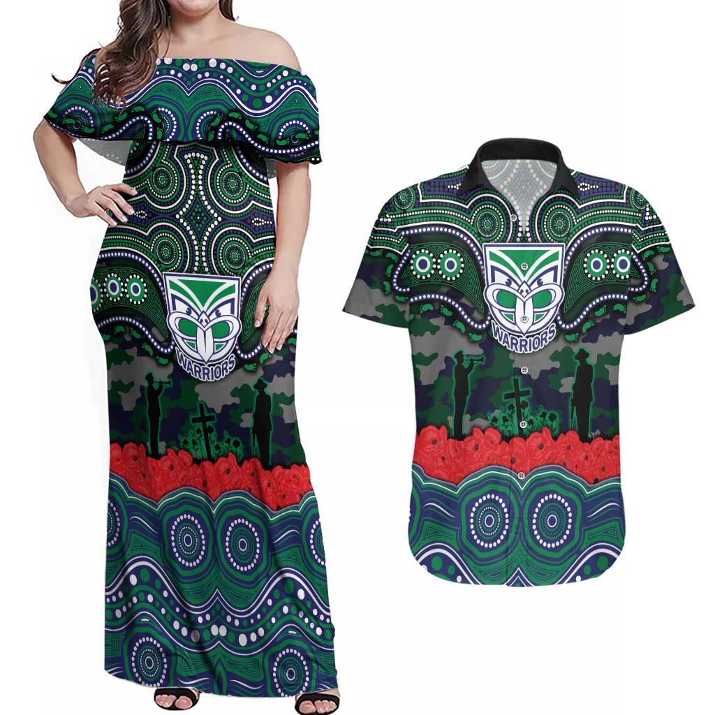 ANZAC Day New Zealand Warriors Couples Matching Off Shoulder Maxi Dress and Hawaiian Shirt Military Memorial Aboriginal Indigenous Art