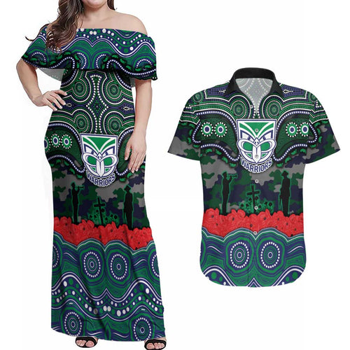 ANZAC Day New Zealand Warriors Couples Matching Off Shoulder Maxi Dress and Hawaiian Shirt Military Memorial Aboriginal Indigenous Art