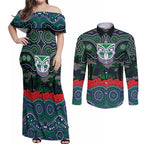 ANZAC Day New Zealand Warriors Couples Matching Off Shoulder Maxi Dress and Long Sleeve Button Shirt Military Memorial Aboriginal Indigenous Art