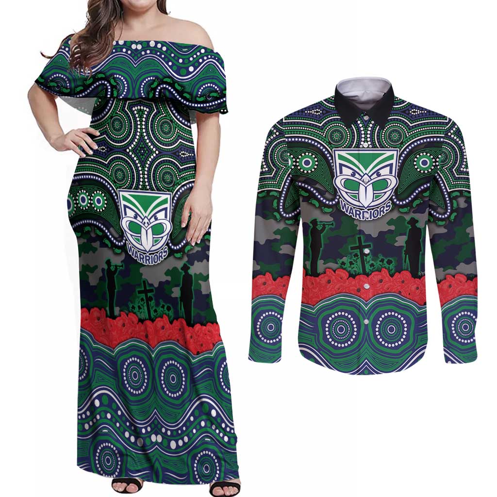 ANZAC Day New Zealand Warriors Couples Matching Off Shoulder Maxi Dress and Long Sleeve Button Shirt Military Memorial Aboriginal Indigenous Art