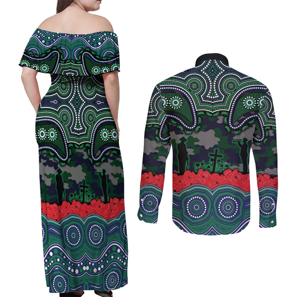 ANZAC Day New Zealand Warriors Couples Matching Off Shoulder Maxi Dress and Long Sleeve Button Shirt Military Memorial Aboriginal Indigenous Art