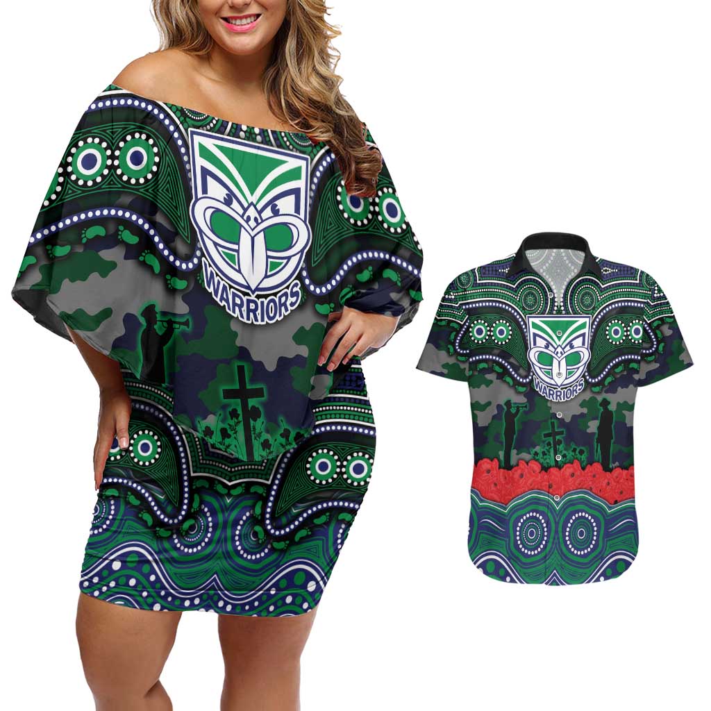 ANZAC Day New Zealand Warriors Couples Matching Off Shoulder Short Dress and Hawaiian Shirt Military Memorial Aboriginal Indigenous Art