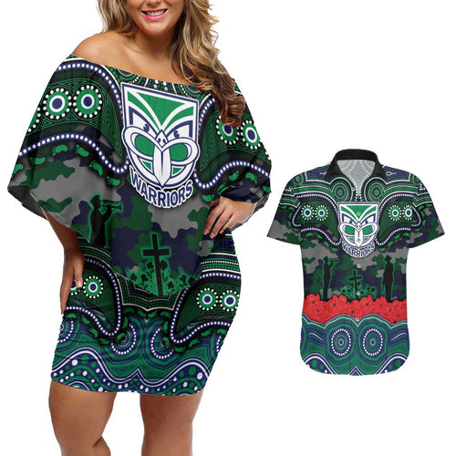 ANZAC Day New Zealand Warriors Couples Matching Off Shoulder Short Dress and Hawaiian Shirt Military Memorial Aboriginal Indigenous Art