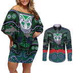 ANZAC Day New Zealand Warriors Couples Matching Off Shoulder Short Dress and Long Sleeve Button Shirt Military Memorial Aboriginal Indigenous Art