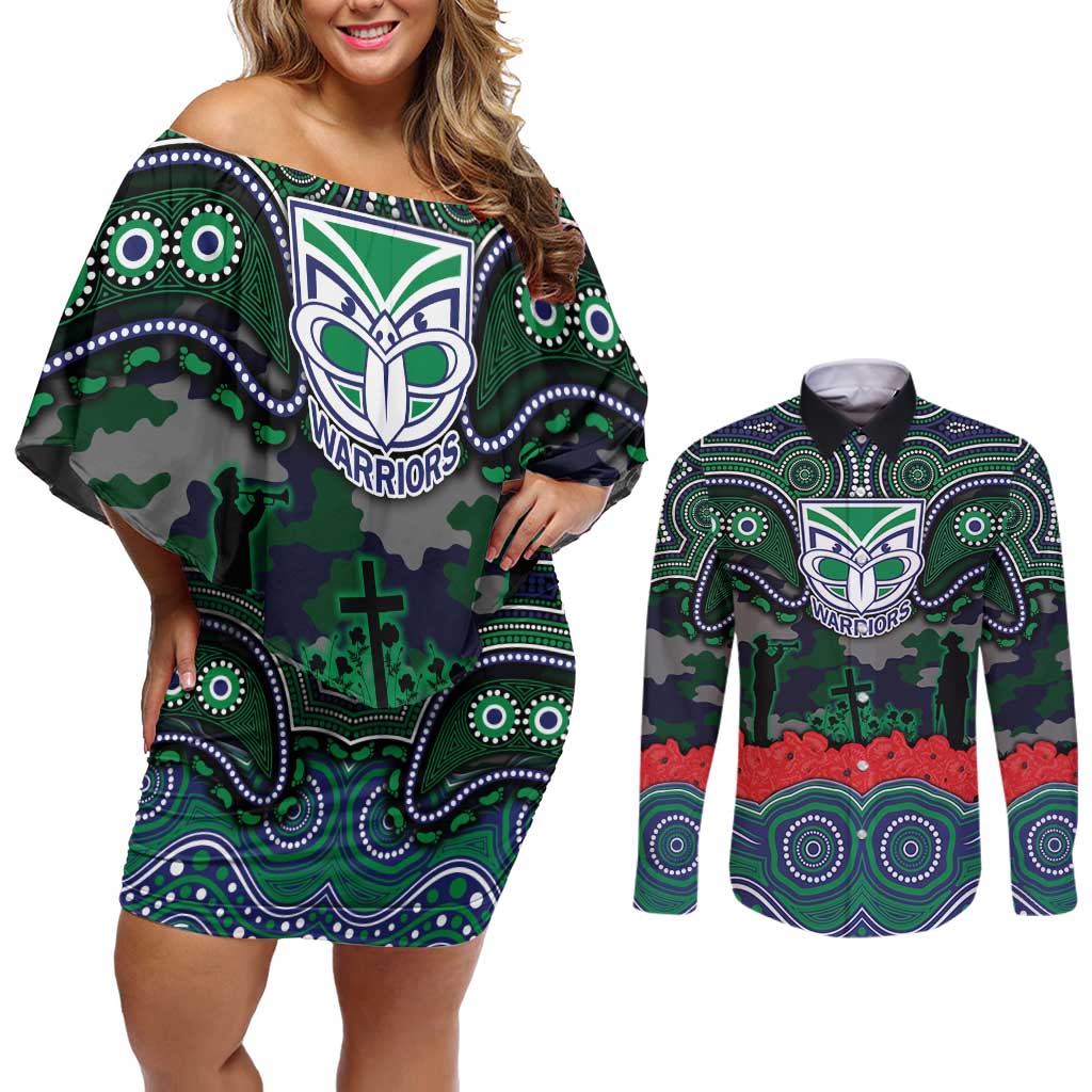 ANZAC Day New Zealand Warriors Couples Matching Off Shoulder Short Dress and Long Sleeve Button Shirt Military Memorial Aboriginal Indigenous Art