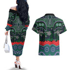 ANZAC Day New Zealand Warriors Couples Matching Off The Shoulder Long Sleeve Dress and Hawaiian Shirt Military Memorial Aboriginal Indigenous Art