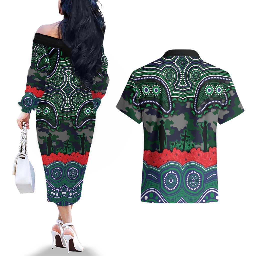 ANZAC Day New Zealand Warriors Couples Matching Off The Shoulder Long Sleeve Dress and Hawaiian Shirt Military Memorial Aboriginal Indigenous Art