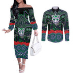 ANZAC Day New Zealand Warriors Couples Matching Off The Shoulder Long Sleeve Dress and Long Sleeve Button Shirt Military Memorial Aboriginal Indigenous Art