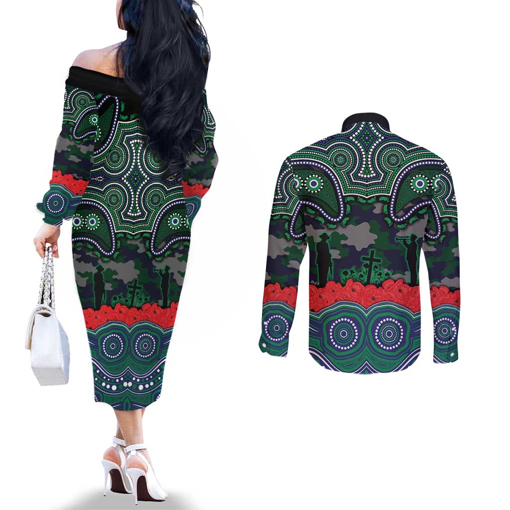ANZAC Day New Zealand Warriors Couples Matching Off The Shoulder Long Sleeve Dress and Long Sleeve Button Shirt Military Memorial Aboriginal Indigenous Art