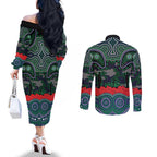 ANZAC Day New Zealand Warriors Couples Matching Off The Shoulder Long Sleeve Dress and Long Sleeve Button Shirt Military Memorial Aboriginal Indigenous Art