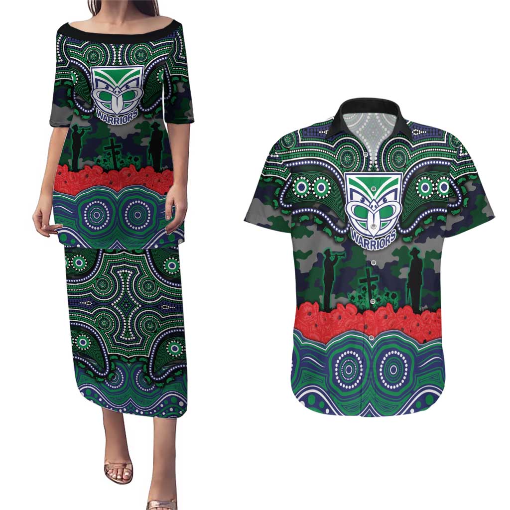 ANZAC Day New Zealand Warriors Couples Matching Puletasi and Hawaiian Shirt Military Memorial Aboriginal Indigenous Art
