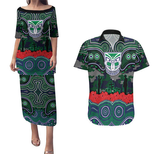ANZAC Day New Zealand Warriors Couples Matching Puletasi and Hawaiian Shirt Military Memorial Aboriginal Indigenous Art