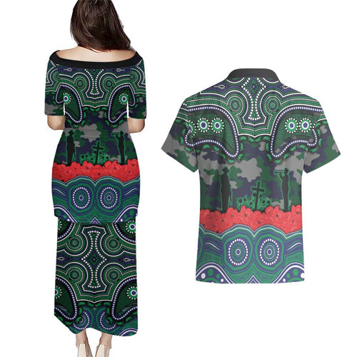 ANZAC Day New Zealand Warriors Couples Matching Puletasi and Hawaiian Shirt Military Memorial Aboriginal Indigenous Art