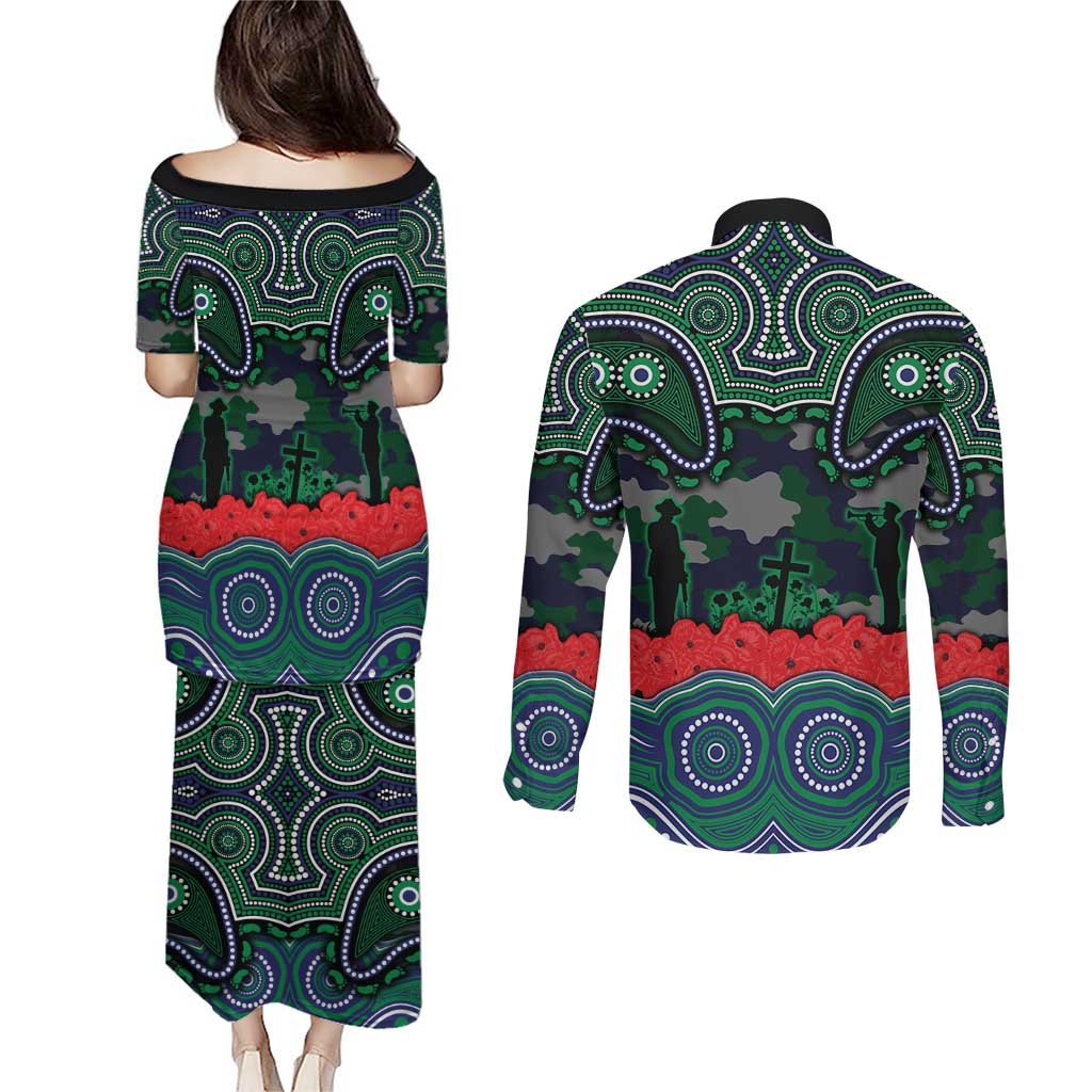 ANZAC Day New Zealand Warriors Couples Matching Puletasi and Long Sleeve Button Shirt Military Memorial Aboriginal Indigenous Art