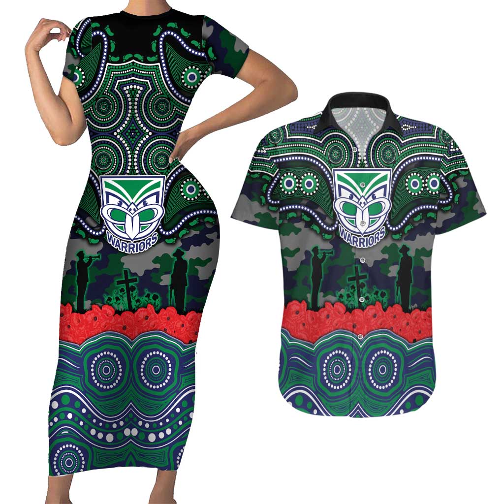 ANZAC Day New Zealand Warriors Couples Matching Short Sleeve Bodycon Dress and Hawaiian Shirt Military Memorial Aboriginal Indigenous Art