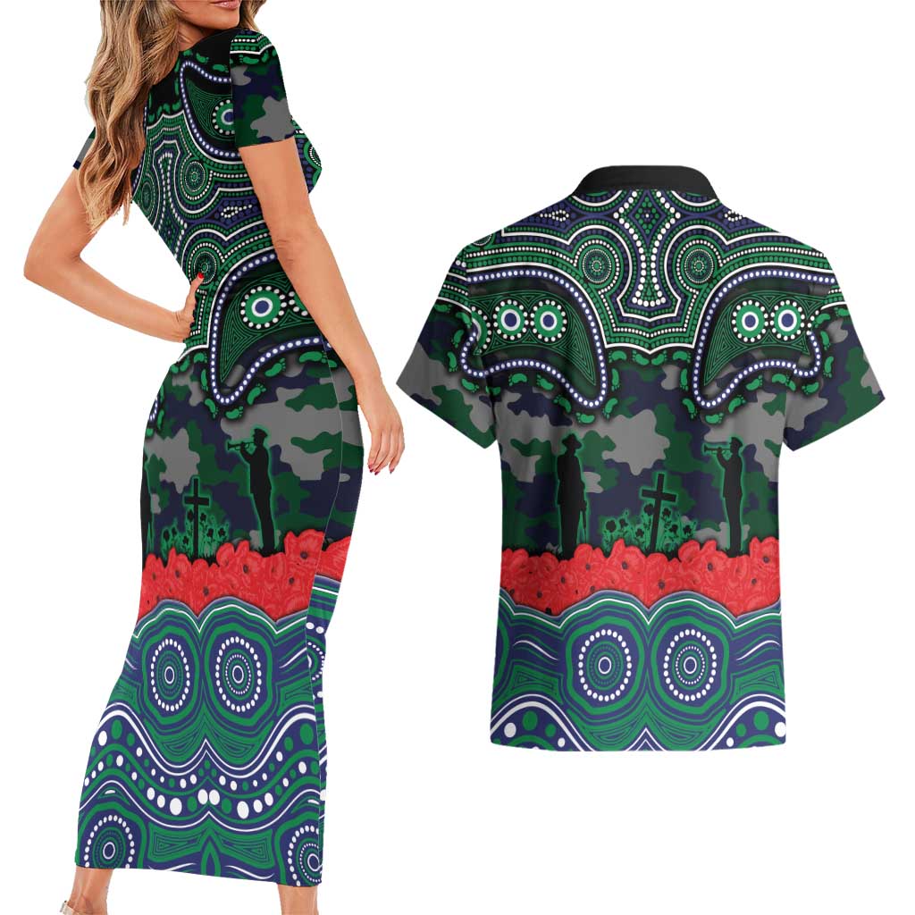 ANZAC Day New Zealand Warriors Couples Matching Short Sleeve Bodycon Dress and Hawaiian Shirt Military Memorial Aboriginal Indigenous Art