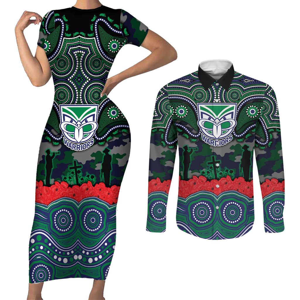 ANZAC Day New Zealand Warriors Couples Matching Short Sleeve Bodycon Dress and Long Sleeve Button Shirt Military Memorial Aboriginal Indigenous Art
