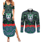 ANZAC Day New Zealand Warriors Couples Matching Summer Maxi Dress and Long Sleeve Button Shirt Military Memorial Aboriginal Indigenous Art