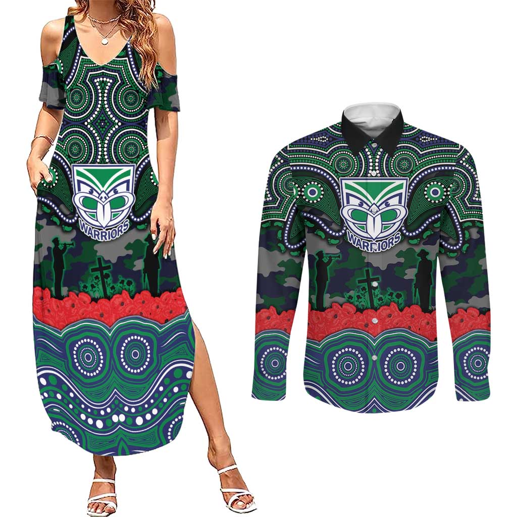 ANZAC Day New Zealand Warriors Couples Matching Summer Maxi Dress and Long Sleeve Button Shirt Military Memorial Aboriginal Indigenous Art