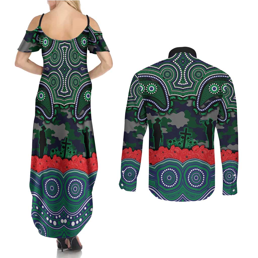 ANZAC Day New Zealand Warriors Couples Matching Summer Maxi Dress and Long Sleeve Button Shirt Military Memorial Aboriginal Indigenous Art
