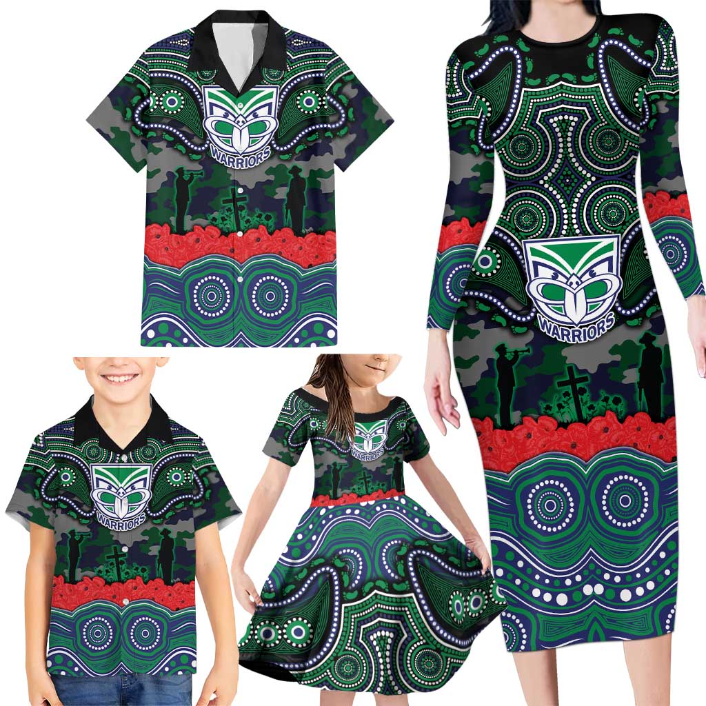 ANZAC Day New Zealand Warriors Family Matching Long Sleeve Bodycon Dress and Hawaiian Shirt Military Memorial Aboriginal Indigenous Art